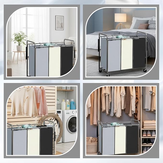 3 Pack Large Laundry Sorter Replacement Bags, Hamper Cart Removable Replacement, Laundry Storage Organizer-Replacement Bags, Gray, Beige, Black, Square Shap