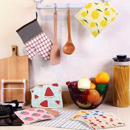 Swedish Dishcloths for Kitchen | 6 Pack Floral Reusable Paper Towels Washable | Swedish Dish Towels | Non-Scratch Cellulose Sponge Cloths | No Odor, Biodegradable Cleaning Cloths, Fruits