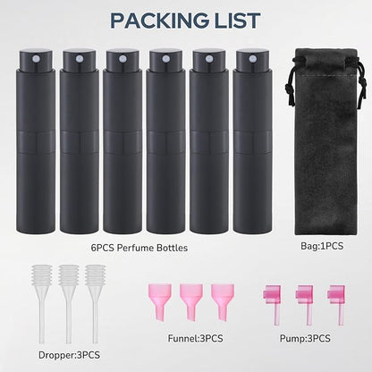 Lulupack Travel Perfume Bottle Refillable - Cologne Spray Atomizer Mini - Small Travel Size Empty Sprayer for Refill Sample Container - Portable Fragrance Decant Dispenser for Women Men 8ml 6PCS Black