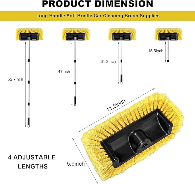 62.7" Car Wash Brush with Long Handle, Scratch-Free Washing Brushes with Five-Sided Soft Bristles, Adjustable Cleaning Brush Wash Mop Kit for RV Truck SUV House Siding (Yellow)