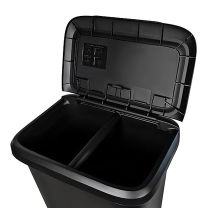 Oversized Dual-Compartment Trash Can - 20.4 Gal Plastic Kitchen/Garage Bin (Black)
