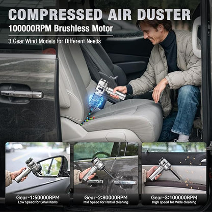Car Vacuum Portable Cordless 22000PA High Power with Brushless Motor 4-in-1 Compressed Air Duster & Air Blower & Pump Hand Held Vacuum for Car, Home, Office, Ideal Gifts for Men & Women