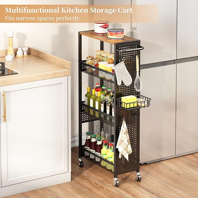 Slim Storage Rolling Cart: 4-Tier Narrow Metal and Wood Utility Cart with Wheels for Kitchen/Laundry/Bathroom(Black)