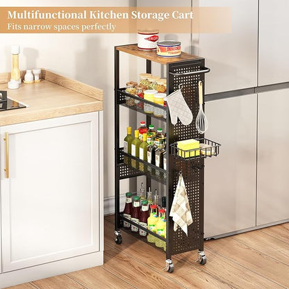 Slim Storage Rolling Cart: 4-Tier Narrow Metal and Wood Utility Cart with Wheels for Kitchen/Laundry/Bathroom(Black)