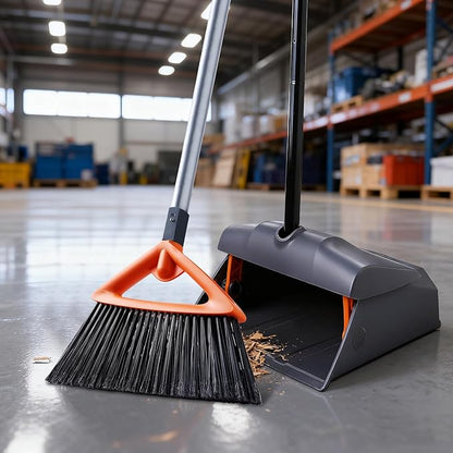 CLEANHOME Heavy Duty Broom with Dustpan Combo Set Indoor and Outdoor Dual Purpose,Stiff Bristle Commercial Angle Broom and Standing Dust Pans with Long Handle for Sweeping Home,Kitchen,Yard,Grey
