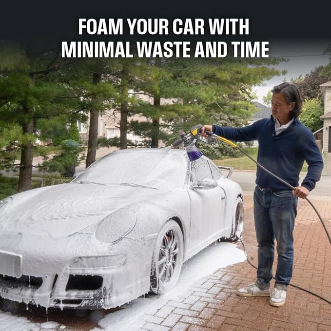 Active Foam Cannon with ¼ inch quick connector for Electric and Gas Pressure Washers. Wide-mouth bottle and variable spray to generate thick snow foam spraying for home DIY car wash & detailing (JH70)