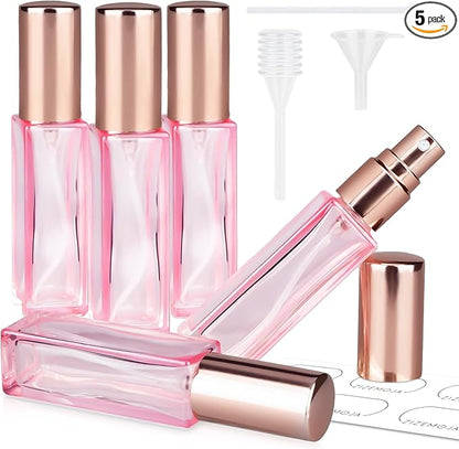 Perfume Refill Bottle, Mini Leak-proof Portable Perfume Travel Refillable Dispenser, 5pcs 10ml Empty Atomizer Sprayer, Pocket Glass Bottle with Funnel and Pipette for Cologne (Light Pink)