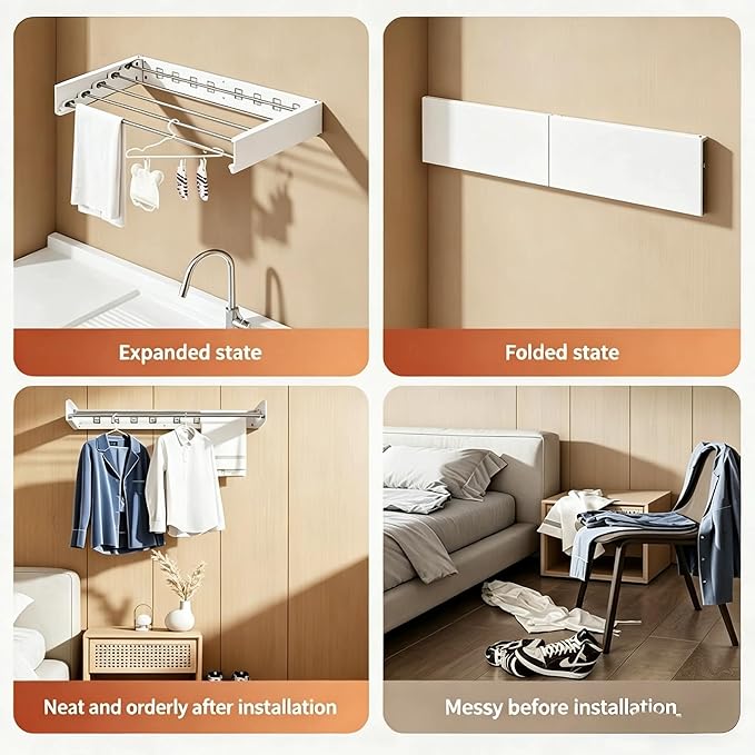 Wall-mounted folding clothes drying rack, 32" wide, 5 stainless steel rods, space-saving hidden laundry room drying rack, foldable wall-mounted, mountable drying racks with installation template