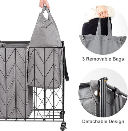 WOWLIVE Laundry Basket with Wheels, 142L Hamper 3 Section with Lid, Dirty Clothes Hamper with Removable Bags, Large Capacity Iron-Made Organizer Laundry Sorter for Dorm, Grey