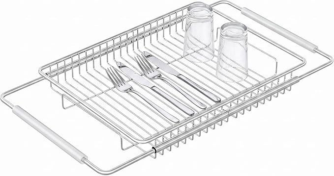 Expandable Over The Sink Dish Drainer Drying Rack, Stainless Steel Metal, Small Adjustable Dish Drainer Drying Rack for Kitchen Counter, Space Saving for Compact Kitchen