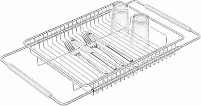 Expandable Over The Sink Dish Drainer Drying Rack, Stainless Steel Metal, Small Adjustable Dish Drainer Drying Rack for Kitchen Counter, Space Saving for Compact Kitchen