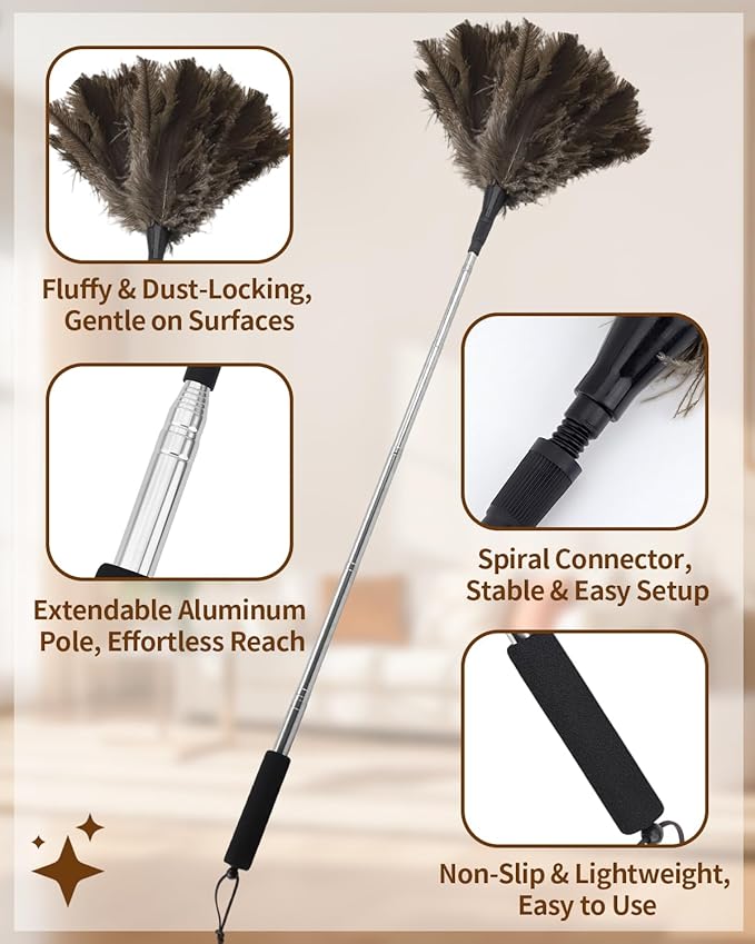 Ostrich Feather Duster, 18-48 Inch Extendable Feather Duster with Natural Fluffy Ostrich Feathers, Dusters for Cleaning Ceiling Fans, Blinds, High Ceilings, Furniture, Cars, Washable & Reusable