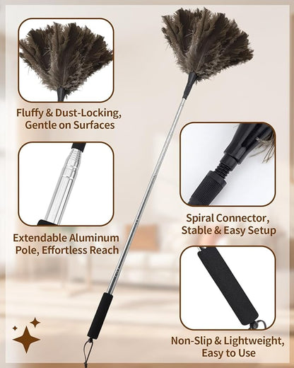 Ostrich Feather Duster, 18-48 Inch Extendable Feather Duster with Natural Fluffy Ostrich Feathers, Dusters for Cleaning Ceiling Fans, Blinds, High Ceilings, Furniture, Cars, Washable & Reusable