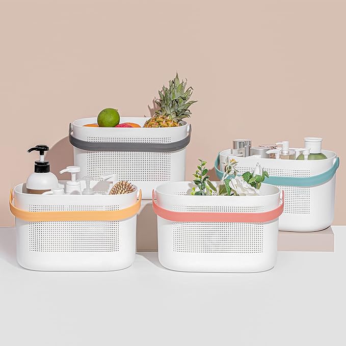 UUJOLY Plastic Storage Baskets with Handles, Shower Caddy Shelf Organizers Basket for Bathroom, Kitchen, Dorm Room, Grey