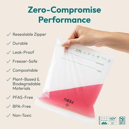 FEBU Compostable Food Storage Bags Variety Pack, 260 Count | Compostable & Biodegradable | PFAS & BPA Free | Drawer Organizer Box | 90 Snack, 90 Sandwich, 50 Quart, 30 Gallon