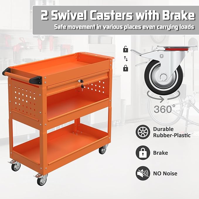 3 Tray Rolling Tool Cart with Drawers, 400 LBS Capacity Mechanic Tool Cart on Wheels, Heavy Duty Utility Cart with Pegboard, Tool Storage Cart for Garage and Repair Shop, Orange