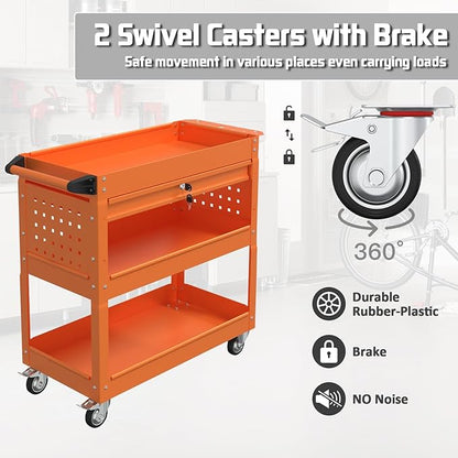3 Tray Rolling Tool Cart with Drawers, 400 LBS Capacity Mechanic Tool Cart on Wheels, Heavy Duty Utility Cart with Pegboard, Tool Storage Cart for Garage and Repair Shop, Orange