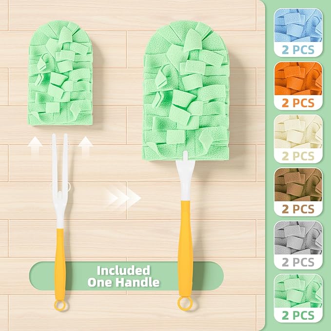 12 PCS Fleece Reusable Duster Refills Compatible with Swiffer Handle, Washable Heavy Duty Duster Pads for Fan, Window, Furniture, Car, 360 Cleaning Cloths Include 1 Handle