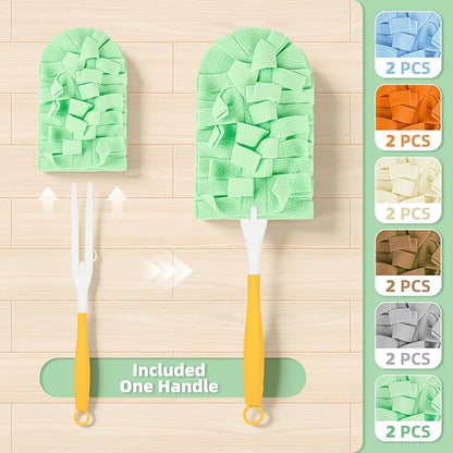 12 PCS Fleece Reusable Duster Refills Compatible with Swiffer Handle, Washable Heavy Duty Duster Pads for Fan, Window, Furniture, Car, 360 Cleaning Cloths Include 1 Handle
