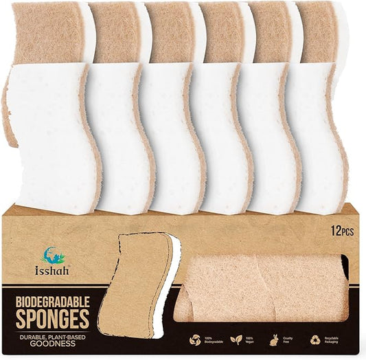 Isshah Plant-Based Kitchen Sponges - FSC Certified and PETA Approved, 12 Count