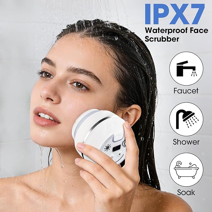 Electric Facial Cleaner with 6 Modes & 3 Light Effects, Rechargeable Waterproof Face Scrubber for Women and Men, Includes Extra Brush Head, Easy-Clean Hanging Design (White)