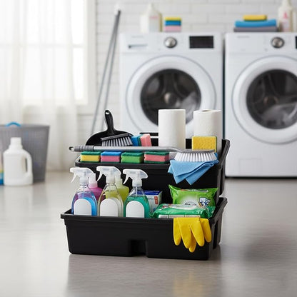 3-Compartment Plastic Cleaning Caddy Basket – Stackable Large Commercial Quality Plastic Tool Organizer Bucket with Handle, Black