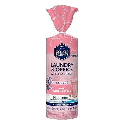 Color Scents Medium Trash Bags - 8 Gallon, 45 Bags (1 Pack of 45 Bags) Twist Tie - Pink in Pink Honeysuckle Scent with Microban
