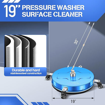 LidoDola 19'' Pressure Washer Surface Cleaner with 4 Wheels - Stainless Steel Surface Cleaner for Pressure Washer Attachment for Concrete, Driveway, Patio, Sidewalk, Deck and Driveways (19 INCH Blue)