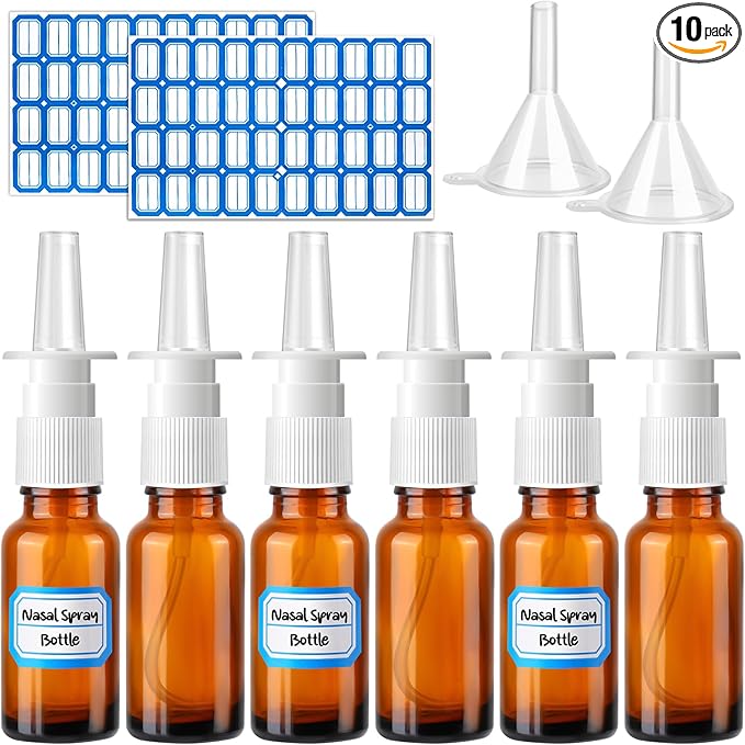 10 Pcs Nasal Spray Bottle, 20ML/0.7OZ 6 Pcs Fine Mist Glass Empty Refillable Nasal Spray Bottle with 2 Pcs Funnels and 2 Pcs Labels