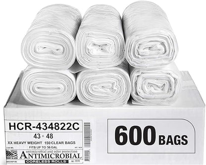 Aluf Plastics High Density Trash Bags, 56 Gallon, 600 Count, 22 Micron (eq), 43" x 48", Clear, for Bathroom, Office, Industrial, Commercial, Janitorial, Municipal, Recycling
