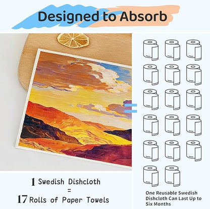 Swedish Dishcloths 5 Pack, Reusable Absorbent Kitchen Cleaning Cloths, Eco-Friendly Quick Dry Dish Towels for Dishes, Countertops & Household Cleaning (Oil Floral)