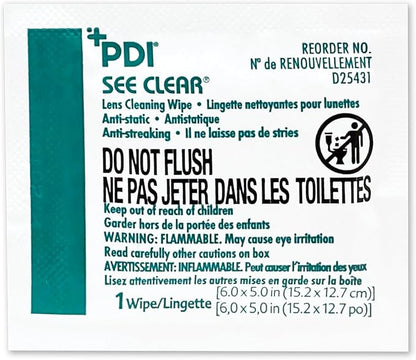 PDI See Clear Lens Cleaning Wipes, Non-Streaking & Anti-Static for Glasses, Eyeglasses, Loupes & Safety Eyewear, 1 Box of 120 Individually Wrapped Packets, Large 6" x 5"