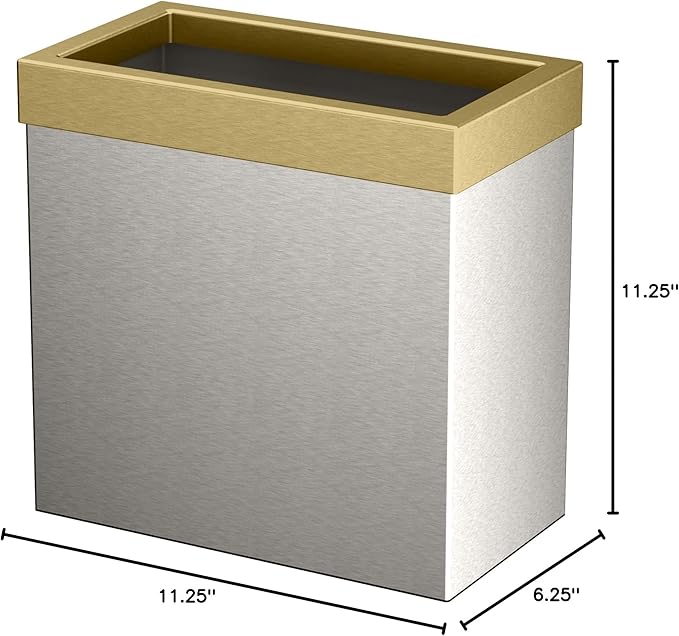 Gatco Small Bathroom Trash Can with Lid, Rectangle 3 Gallon Stainless Steel Wastebasket, Under Sink, Satin Nickel and Brushed Brass, for Bathroom, Bedroom, Office (1917B)