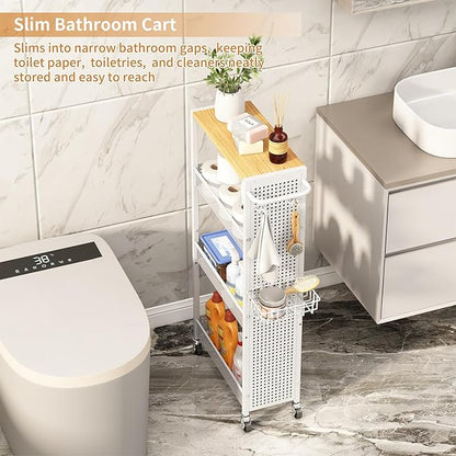 Slim Storage Rolling Cart: 4-Tier Narrow Metal & Wood Utility Cart with Wheels for Kitchen/Laundry/Bathroom(White)