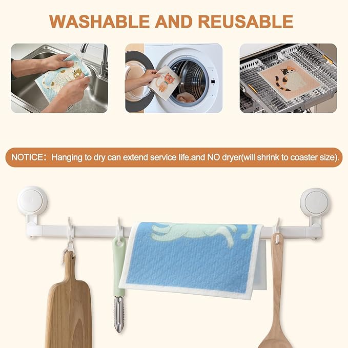 SEIBER Swedish Dishcloths for Kitchen,10 Pack Washable Dish Rags,Super Absorbent Reusable Towels Washable, Non-Scratch Cellulose Sponge Cloths,Quick Drying, Dishwasher Safe (Cat)