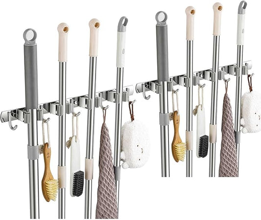 2 Pack Wall Mount, Stainless Steel Broom Hanger, Heavy Duty Mop and Broom Holder Tool Racks Utility Hooks for Laundry Room Garden Garage, Grey (4 Racks and 5 Hooks)