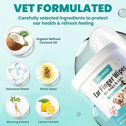 MEDUWEDU Ear Cleaner Finger Wipes 60 Counts, Dog Ear Cleaner, Grooming Kit Care for Dogs and Cats, Soft & Easy Otic Cleaning Pads, Remove Wax, Dirt & Stop Smelly, Itchy, Non-Irritating, Peach Scent