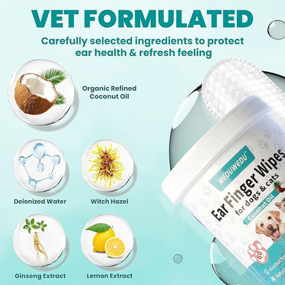 MEDUWEDU Ear Cleaner Finger Wipes 120 Counts, Dog Ear Cleaner, Grooming Kit Care for Dogs and Cats, Soft & Easy Otic Cleaning Pads, Remove Wax, Dirt & Stop Smelly, Itchy, Non-Irritating, Coconut Scent