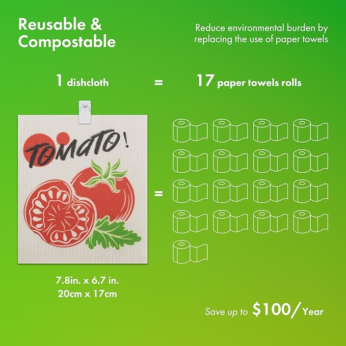 Swedish Dishcloths for Kitchen, 6 Pack Vegetable Swedish Dish Towels with Clips, Reusable Paper Towels Washable Non-Scratch Super Absorbent Cellulose Sponge Cloths, Biodegradable No Odor
