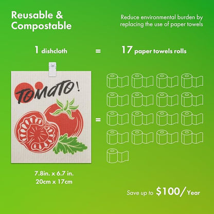 Swedish Dishcloths for Kitchen, 6 Pack Vegetable Swedish Dish Towels with Clips, Reusable Paper Towels Washable Non-Scratch Super Absorbent Cellulose Sponge Cloths, Biodegradable No Odor