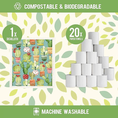 Cactus Swedish Dish Cloths 6 Pack Reusable Compostable Kitchen Cloth,Cellulose Sponge Dish Cloths Dish Towel Set