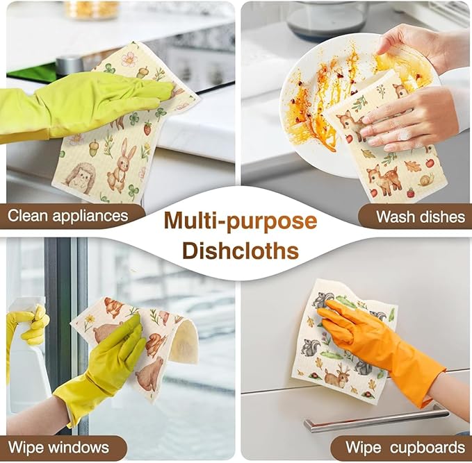 Swedish Dishcloths for Kitchen | 6 Pack Floral Reusable Paper Towels Washable | Swedish Dish Towels | Non-Scratch Cellulose Sponge Cloths | No Odor, Biodegradable Cleaning Cloths, Animal