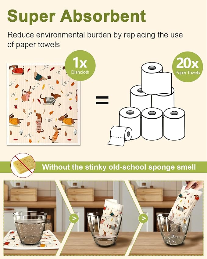 Miss Adola Swedish Dishcloths for Kitchen - 5 Pack Reusable Dish Cloths for Washing Dishes Absorbent Cute Funny Kitchen Towels Cleaning Sponge, Little Puppy