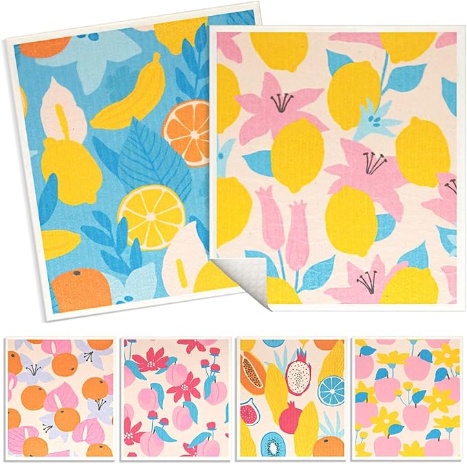 6 - Pack Swedish Kitchen Dish Cloths - Reusable Paper Towels for Counters & Dishes - Eco Friendly Cellulose Sponge Cloth (Fruit Plants)