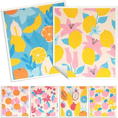 6 - Pack Swedish Kitchen Dish Cloths - Reusable Paper Towels for Counters & Dishes - Eco Friendly Cellulose Sponge Cloth (Fruit Plants)