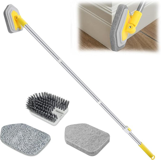 Lalafancy Baseboard Cleaner Tool with Long Handle 3 Reusable Cleaning Brush Pads, 52‘’ Shower Wall Cleaner Scrubber Baseboard Duster for Bathroom Wall Floor Skirting Bathtub Window Scrubbing
