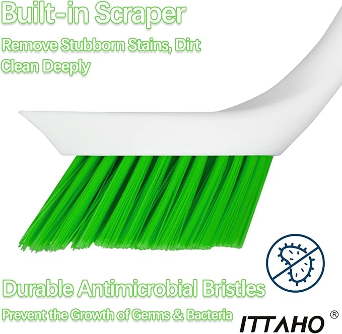 Dish Scrubber Set, Kitchen Brush for Cleaning with Scraper Edge, Green Multi-Purpose Scrub Brush with Handle for Dishes,Sink,Pots,Pans,Shower,Tile,Tubs - 3 Pack