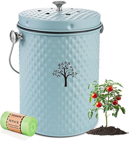 AOSION Countertop Compost Bin Kitchen,Odor Resistant Indoor Compost Bin with Lid and 50 Compost Bags,Compost Bucket Composter Container for Food Waste,Blue,1.0 Gallon