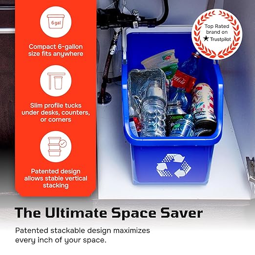 Multi Bin Recycling System with Three Stackable 6 Gallon Recycle Bins for Kitchen Use – Recycling Trash Can Set for Office, Garage, Businesses (3 Pack, Blue/Grey/Green)