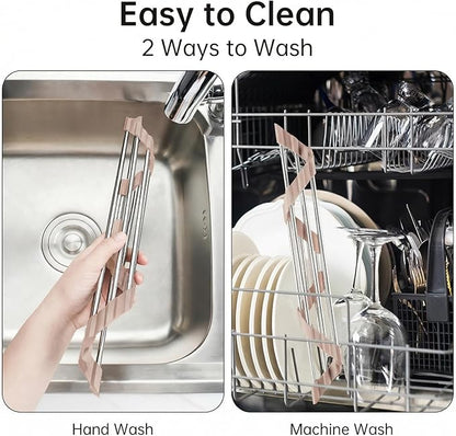 Tomorotec Foldable Stainless Steel Triangle Roll-Up Dish Drying Rack - Over-The-Sink Multipurpose Kitchen Drainer, Rustproof Organizer, Trivet and Shelf - Space-Saving(Light Beige Color)